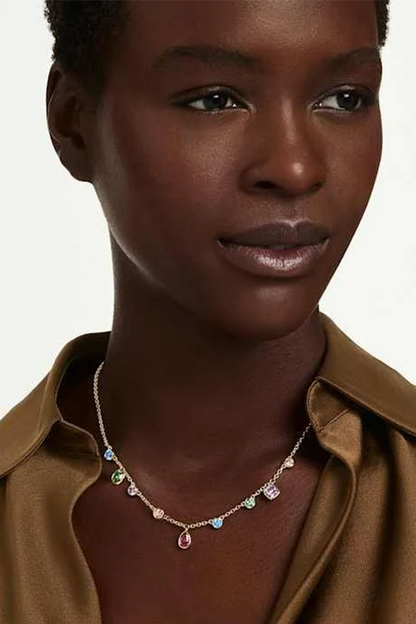 This necklace catches light, as well as attention, with its mix of colourful Swarovski Zirconia. Match it with the bracelet or earrings to achieve intense mood-boosting energy within your style. Imber jewellery falls together like a rain shower of mixed metals, rich textures and crystals. 