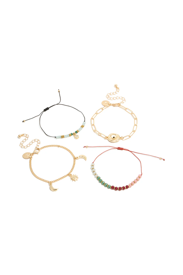 . This mixed bracelet pack includes a black adjustable cord bracelet with blue, gold and green beads and a cute diamante eye charm, a paper link chain bracelet with a disc centre etched with a star and dark stone centre, a red cord bracelet with colourful beads, and a charm bracelet with crescent moon charms and a molten textured sun charm. 