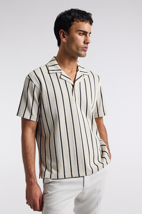Loose Fit Stripe Cuban Collar Polo Sand