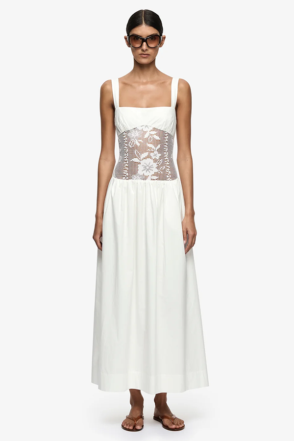 Sienna Maxi Dress in White. An elegant white cotton poplin maxi perfect for day parties or vacation dressing.