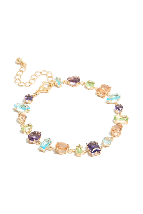 Meet your new stackable fave: this Gold Irregular Shaped Multicoloured Diamantes Bracelet. This playful bracelet is packed with light blue, peach, purple and green diamantes in quirky shapes – think squares, teardrops, circles and rectangles – for a fun, mismatch vibe.