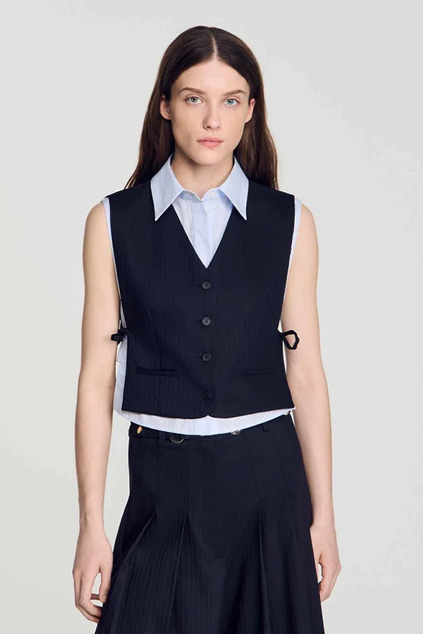 2-in-1 vest featuring sleeveless striped shirt and layered V-neck waistcoat.
