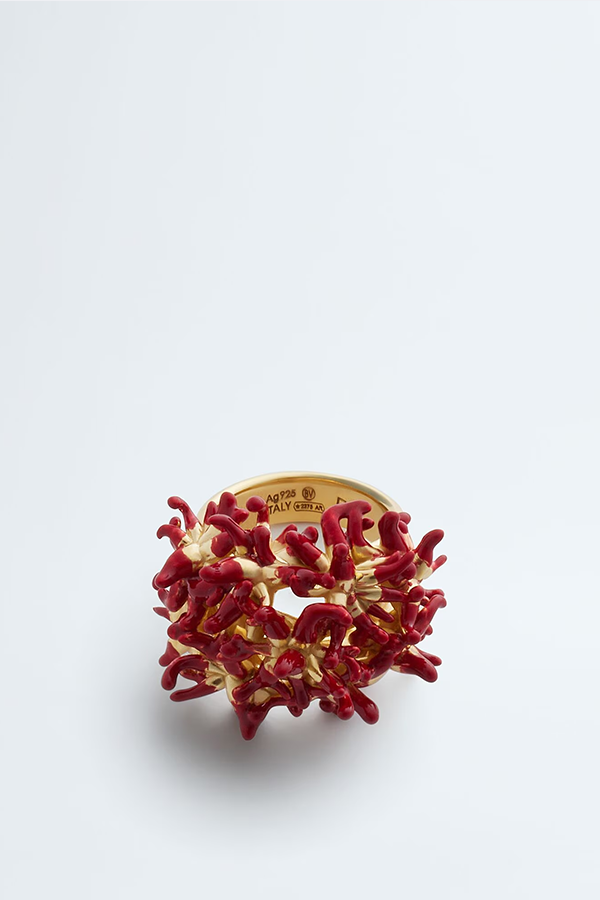 Ring crafted in 18k gold-finished sterling silver with hand-enameled sea coral forms.