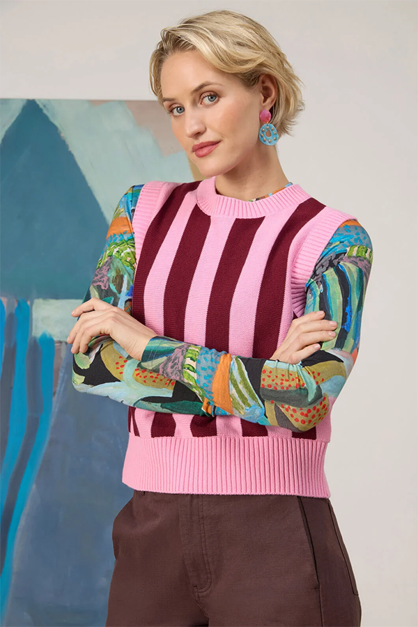 Soft and breathable, this women's organic cotton knitted vest offers a cosy fit in a playful two toned stripe, making it your new go-to for easy layering and effortless style.