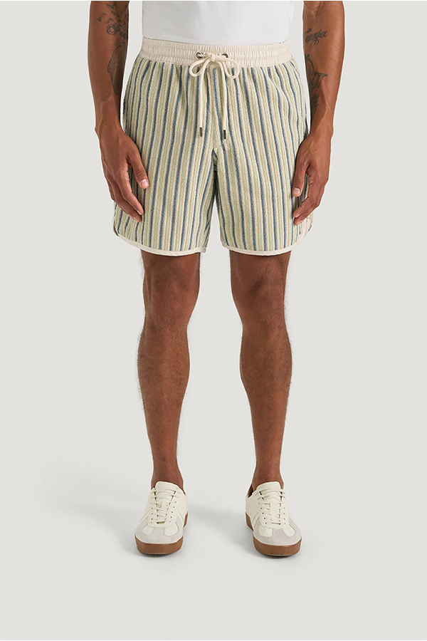 The Sozzani Terry Short is crafted from soft cotton terry towelling in a multicoloured stripe exclusive to M.J. Bale. Cut in our Regular Fit silhouette, it features a rolled-over elasticated waistband with drawcord fastening, a mock fly, three-pocket design and reinforced seams.