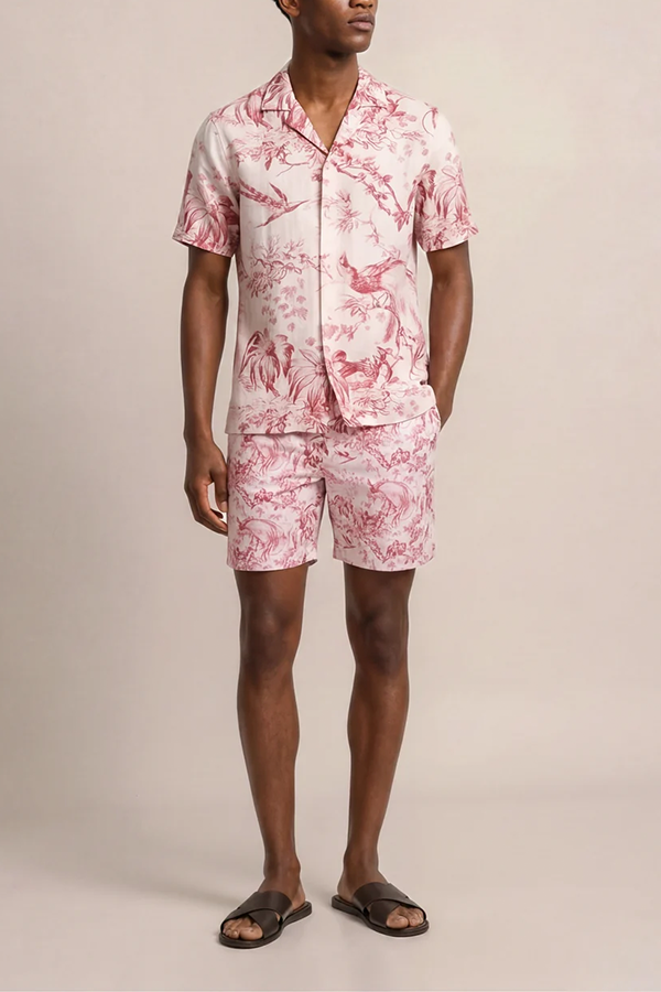 Relaxed Printed Linen Shirt and Swim Short In Warm Coral