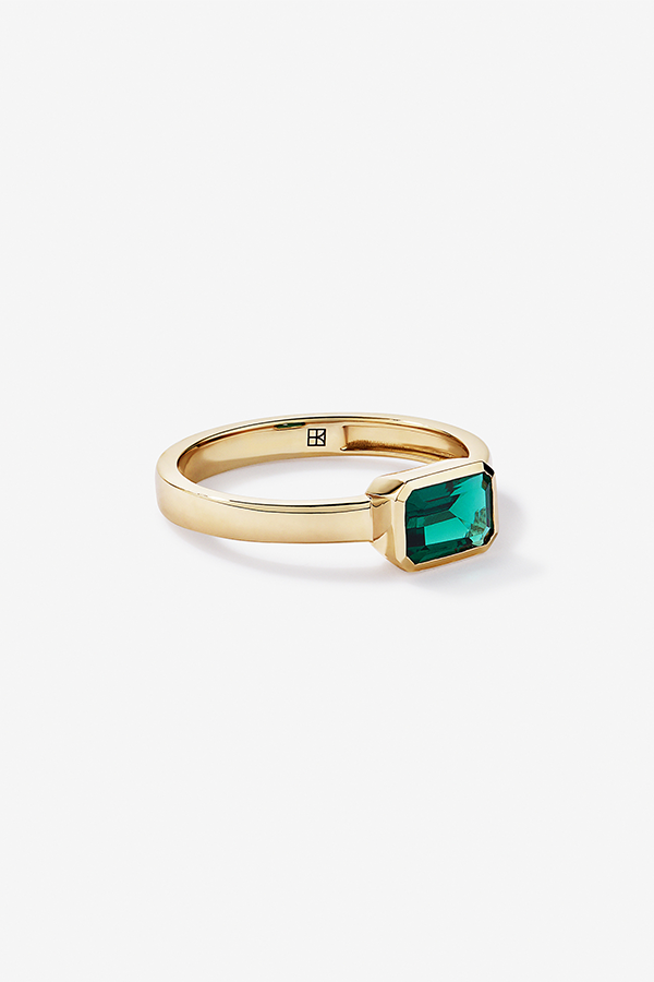 Created Emerald Bezel Ring in 10kt Yellow Gold