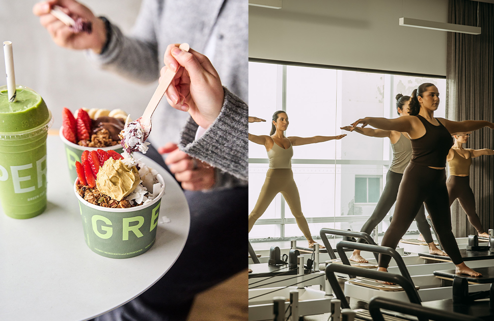 Two images merged together, on the left 2 people eating front 2 Green Cup bowls with fruit and granola, and a green smoothie on a table. On the left, people working out on reformer pilates machines at Kaya Health Club.