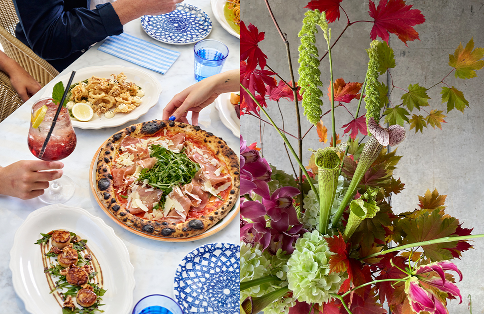 Two images merged together. On the left, a dining table at Cinque Terre with white tablecloth and dishes on top, pizza, fried calamari, scallops, small share plates, a cup of water, and a purple cocktail. On the left, a bouquet from Vasette, with green, red, and purple flowers.