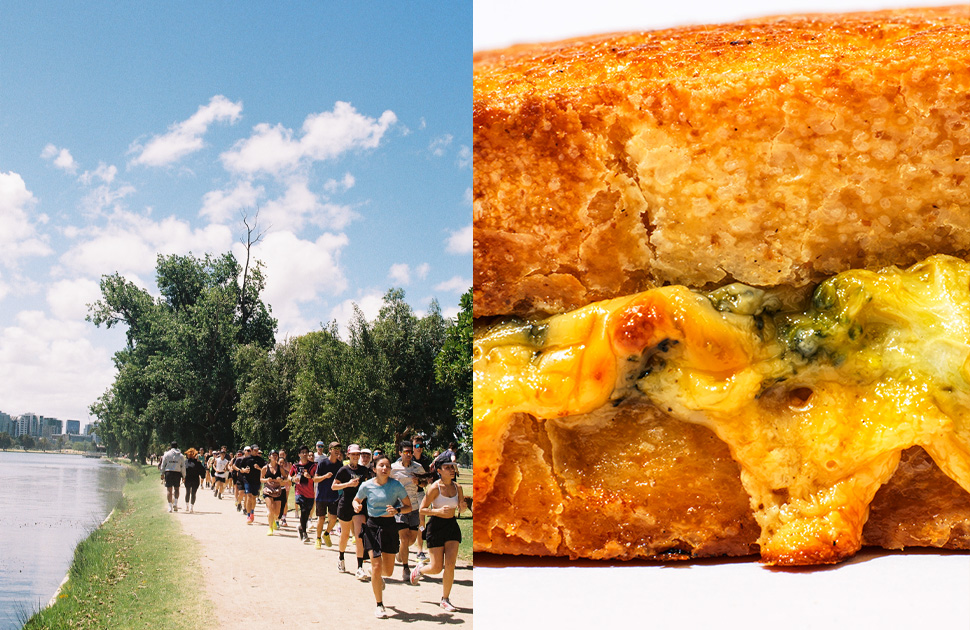 Two photos merged together. On the left, a group of people running alongside a river. On the right, a close up of a toasted sandwich with melted cheese and golden bread.