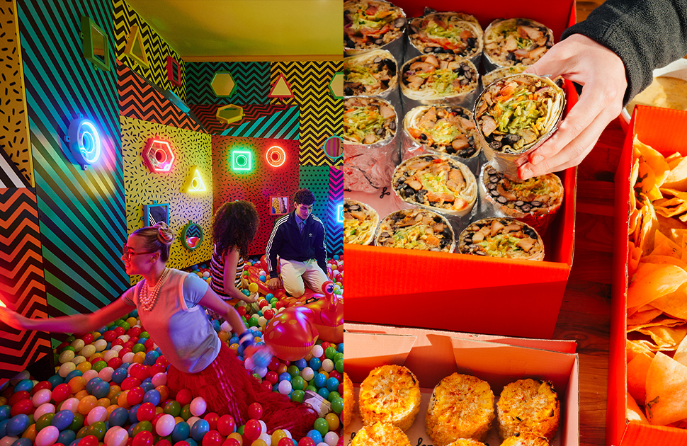Two photos merged together, on the left, 3 people play in ball pit in Hijinx Hotel with geometric lights on the walls which have varying patterns of stripes, dots, and squiggles. On the right, 3 red boxes, the top left with burritos, the right with corn chips, the bottom with coleslaw.