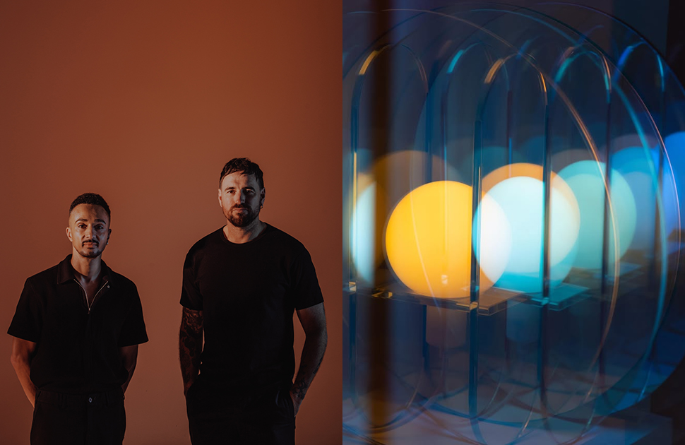 Two images merged together. On the left, two men stand in front of an orange background. On the right, a close up photo that shows light spots through glass panes.