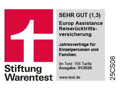 Die Europ Assistance Reiserücktrittsversicherung Jahresschutz ist ausgezeichnet mit Note “SEHR GUT (1,3)” von Stiftung Warentest, Zeitschrift “Finanztest”, Ausgabe 01/2026.