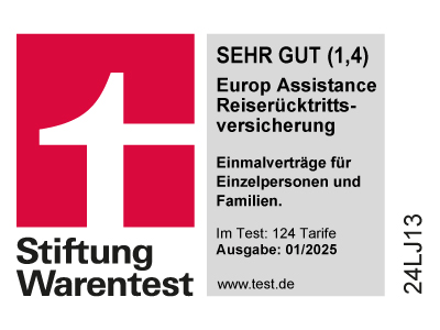 Die Europ Assistance Reiserücktrittsversicherung Einmalschutz ist ausgezeichnet als TESTSIEGER mit Note "SEHR GUT (1,4)" von Stiftung Warentest, Zeitschrift "Finanztest" Ausgabe 01/2025