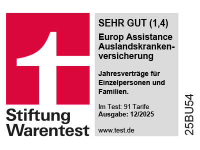 Die Europ Assistance Auslandskrankenversicherung Jahresschutz ist ausgezeichnet mit Note "SEHR GUT (1,4)" von Stiftung Warentest, Zeitschrift "Finanztest" Ausgabe 12/2025