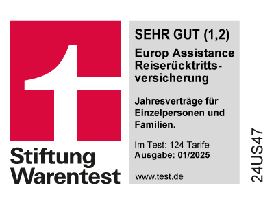 Die Europ Assistance Reiserücktrittsversicherung Jahresschutz ist ausgezeichnet als TESTSIEGER mit Note "SEHR GUT (1,2)" von Stiftung Warentest, Zeitschrift "Finanztest" Ausgabe 01/2025