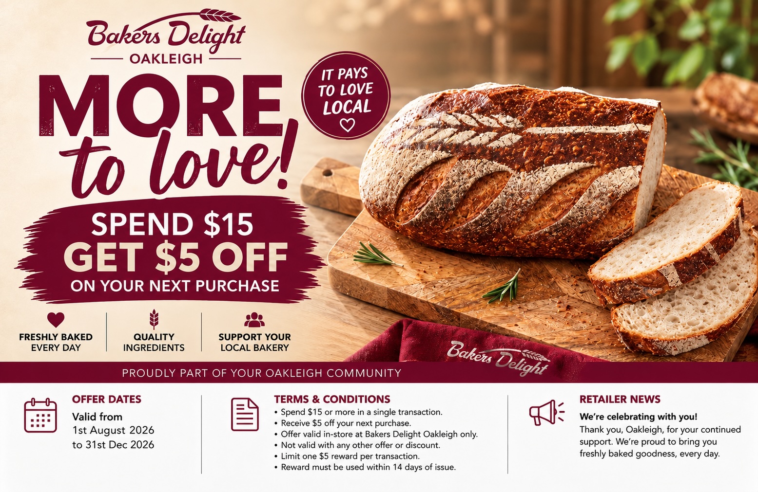 Spend $15 For $5 Off Your Next Purchase at Bakers Delight