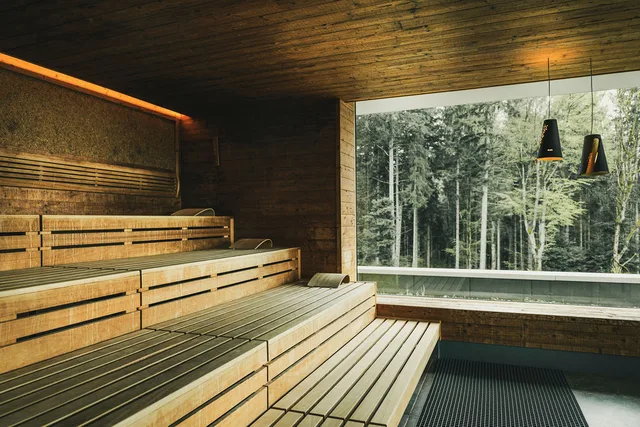 Modern wooden sauna with tiered benches, panoramic window overlooking a forest and outdoor pool, and hanging pendant lights.