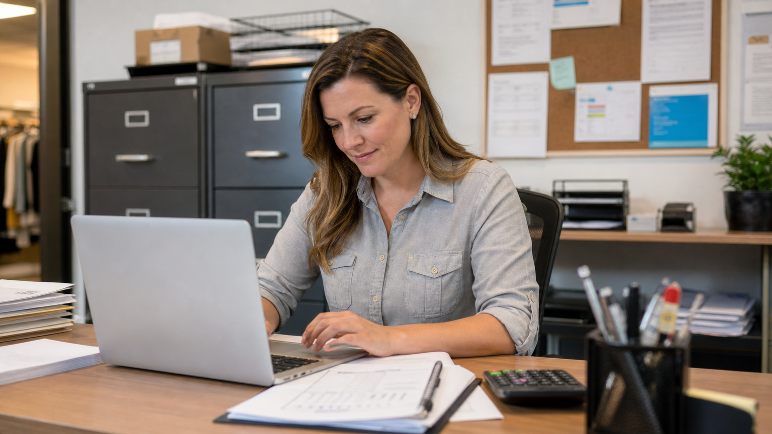 Payroll administrator calculating casual loading rates on a laptop in a retail back office
