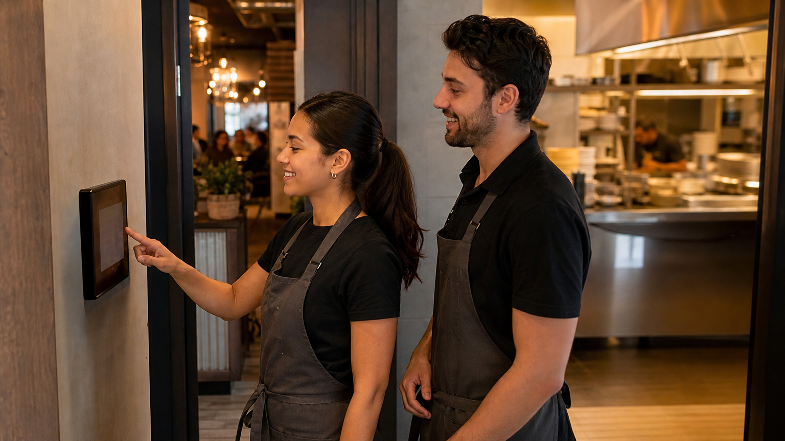 Restaurant staff clocking in on a tablet time clock at the start of an evening shift