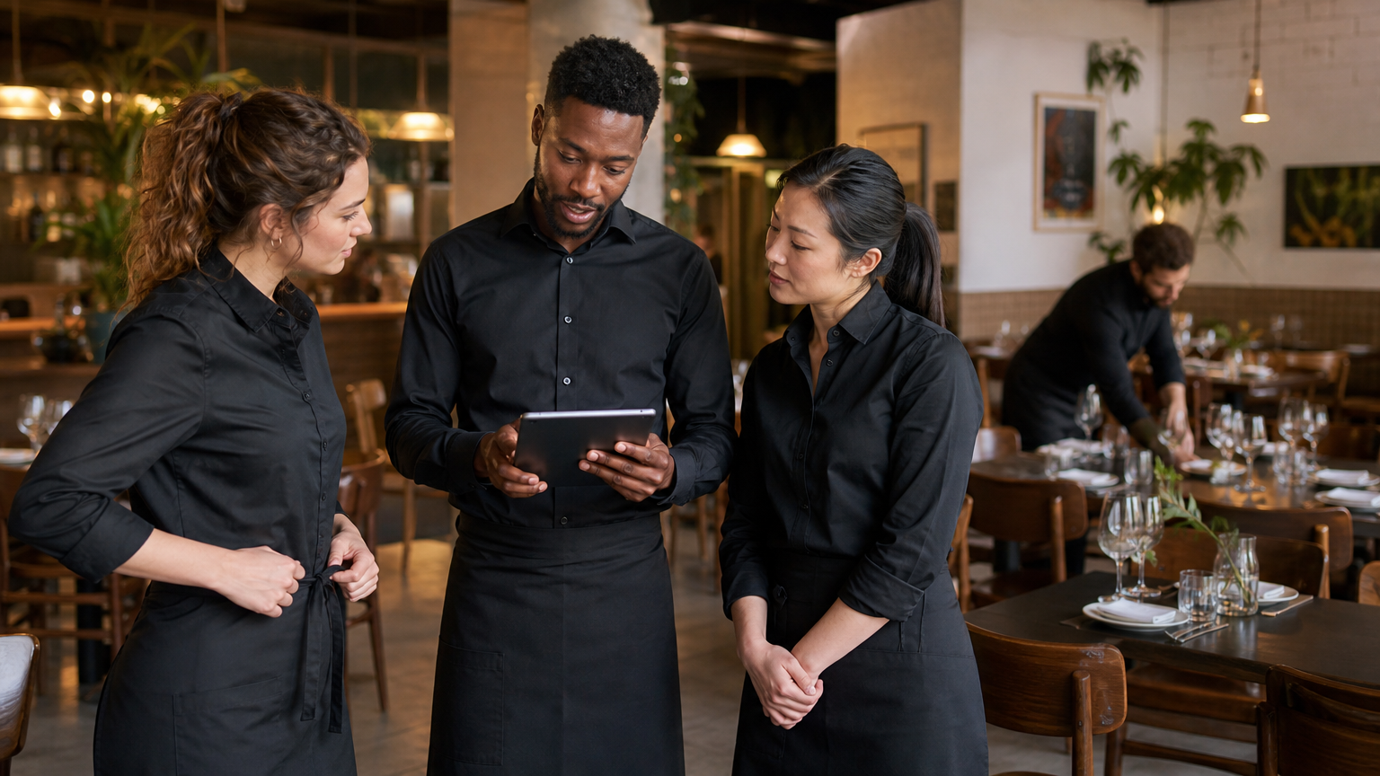 Restaurant team huddle before busy dinner service with server checking schedule on tablet