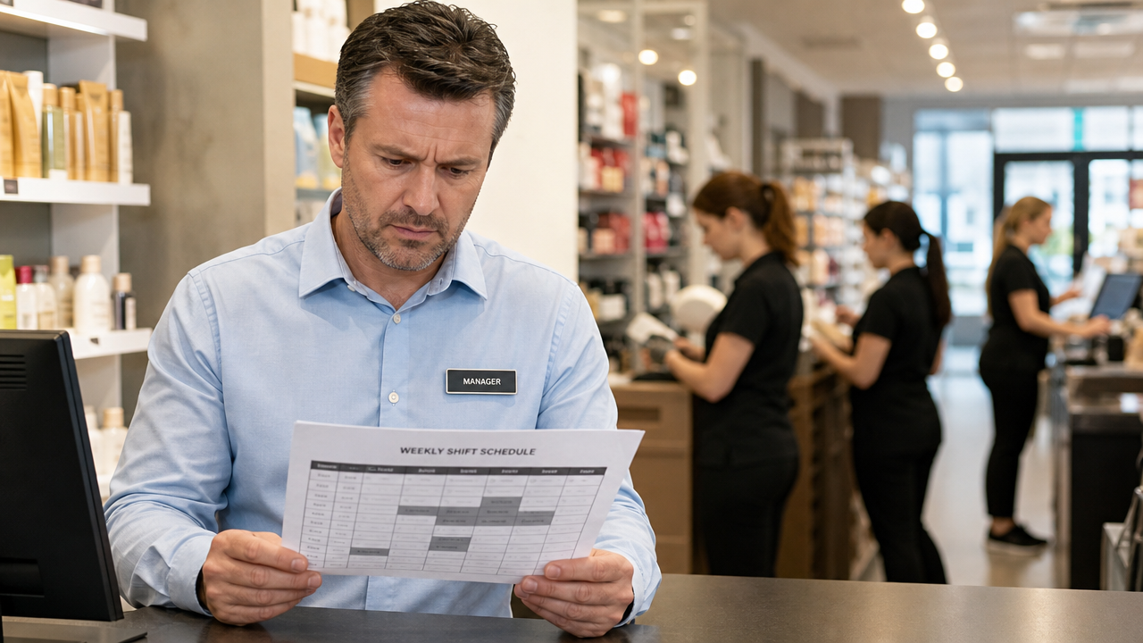 Retail store manager reviewing a printed shift roster at the front counter