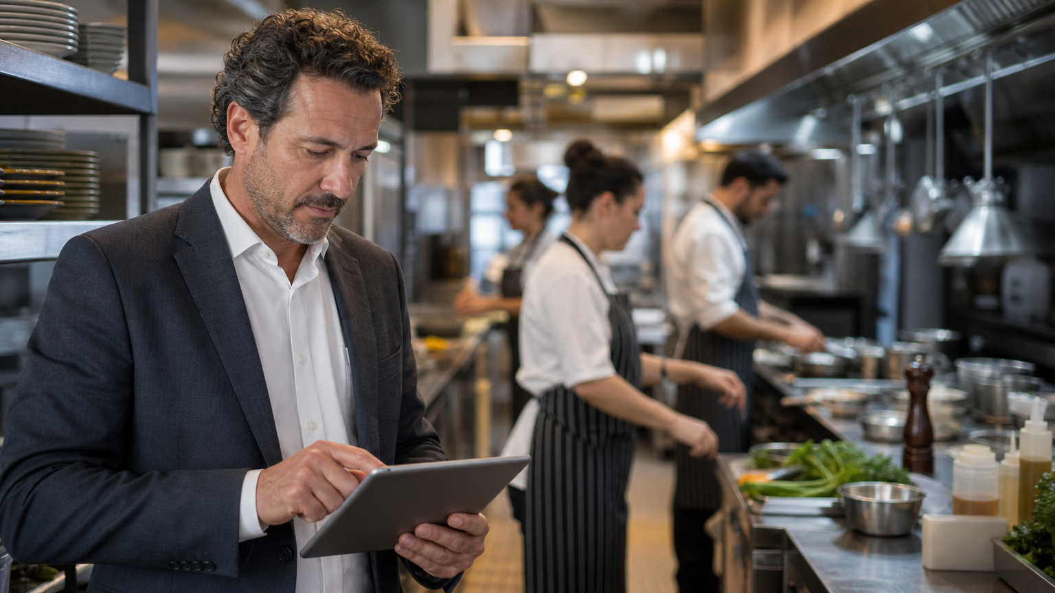 Hospitality manager reviewing a digital schedule on a tablet in a restaurant kitchen