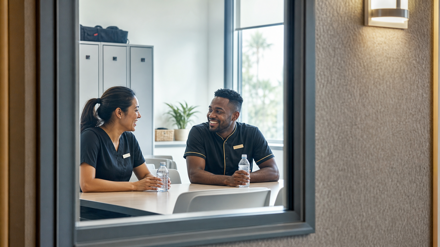 Hotel employees taking a break in a bright staff break room