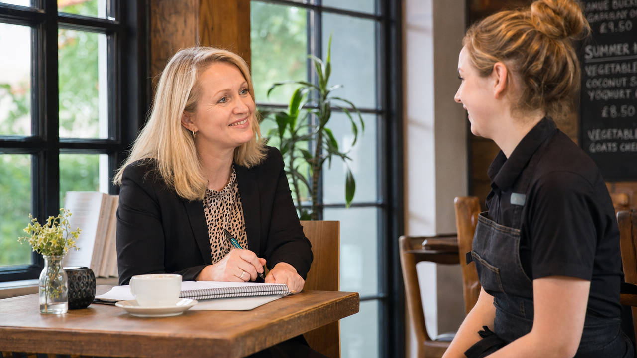Café manager giving a supportive one-to-one performance review to a young hourly staff member at a table