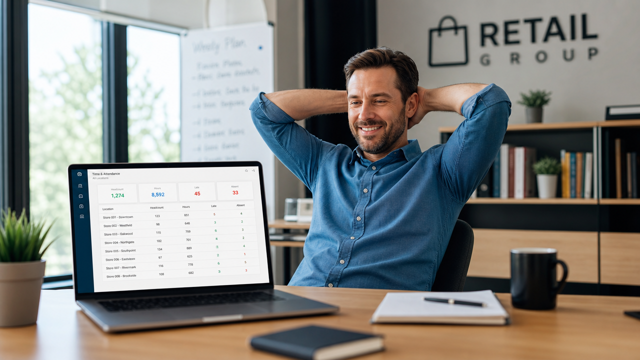 A retail store manager reviewing a time and attendance dashboard on a laptop showing multiple store locations