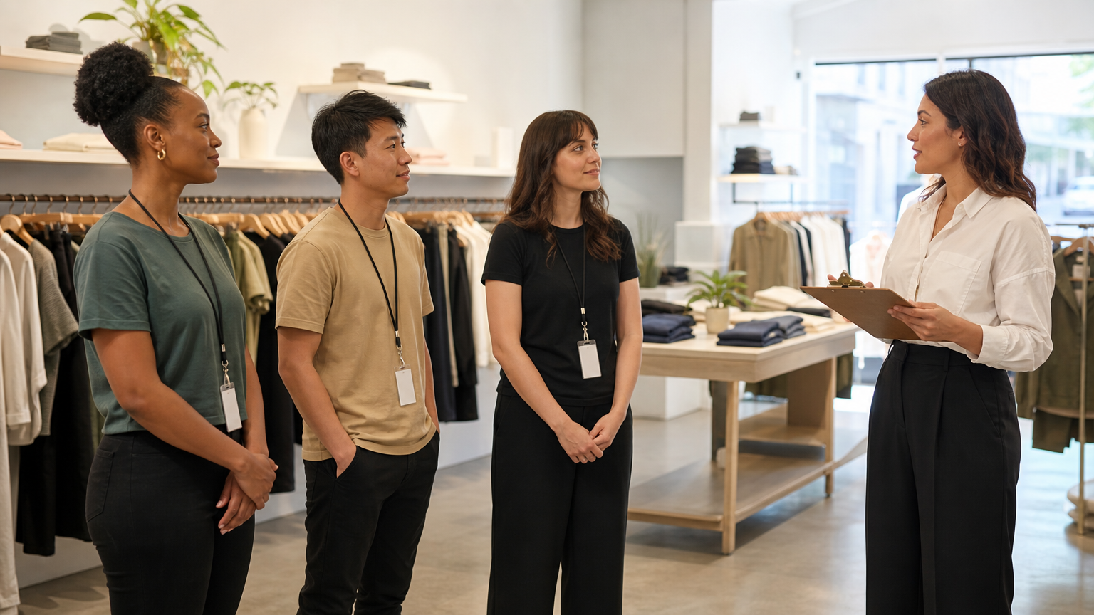 Retail team at morning shift briefing in a clothing store