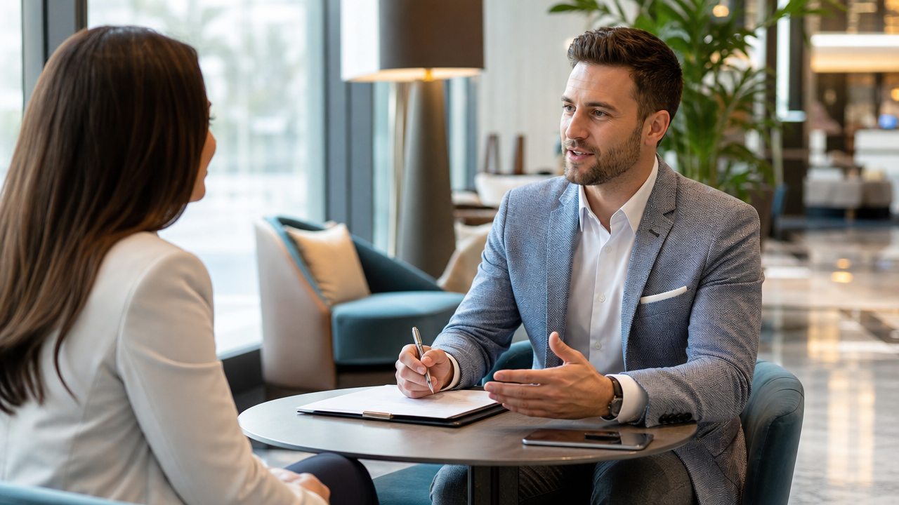 Hiring manager interviewing a candidate in a bright modern hotel lobby