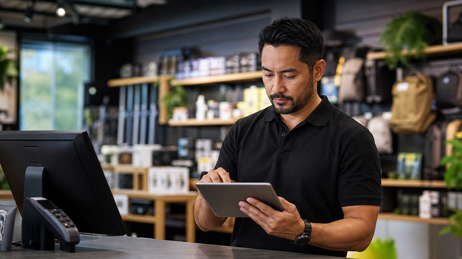 Retail store manager reviewing employee pay rates on a tablet at a service counter