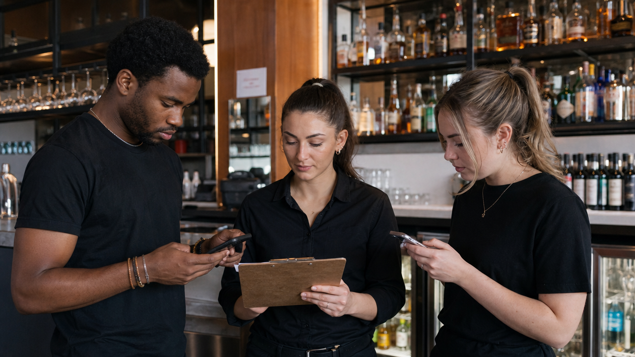 Hospitality team members checking roster updates on their phones during a shift handover at a bar