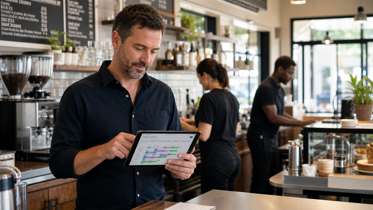 Cafe manager reviewing employee shift rosters on a tablet behind a service counter