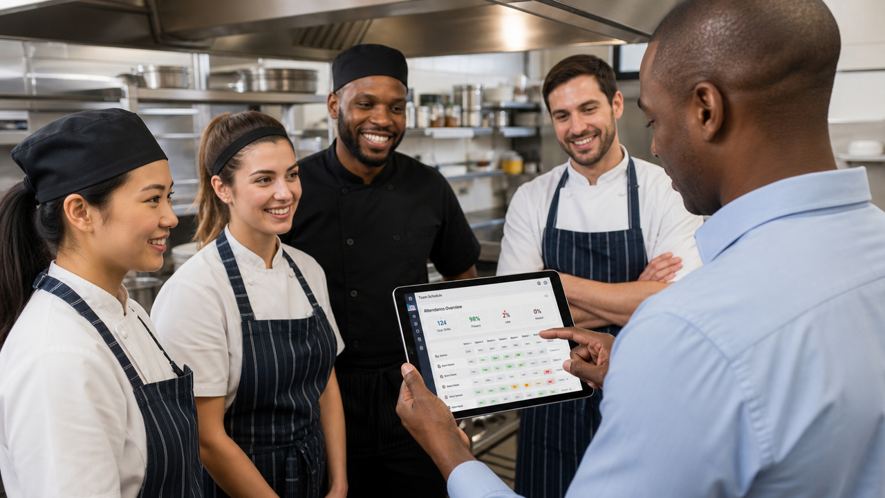 A restaurant manager checking a scheduling dashboard on a tablet while shift workers collaborate in a busy kitchen