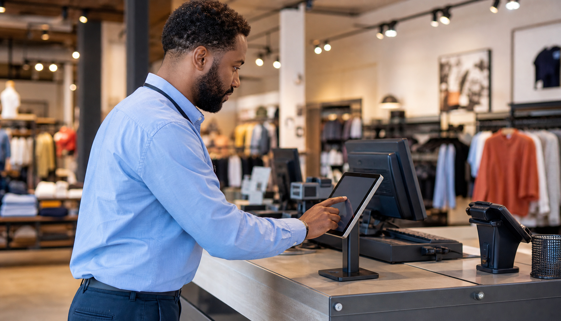 A retail store manager configuring a tablet time clock kiosk at a checkout counter