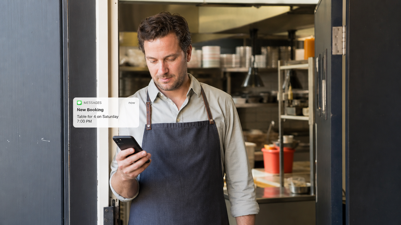 Hospitality worker checking a roster notification on their phone in a restaurant kitchen doorway