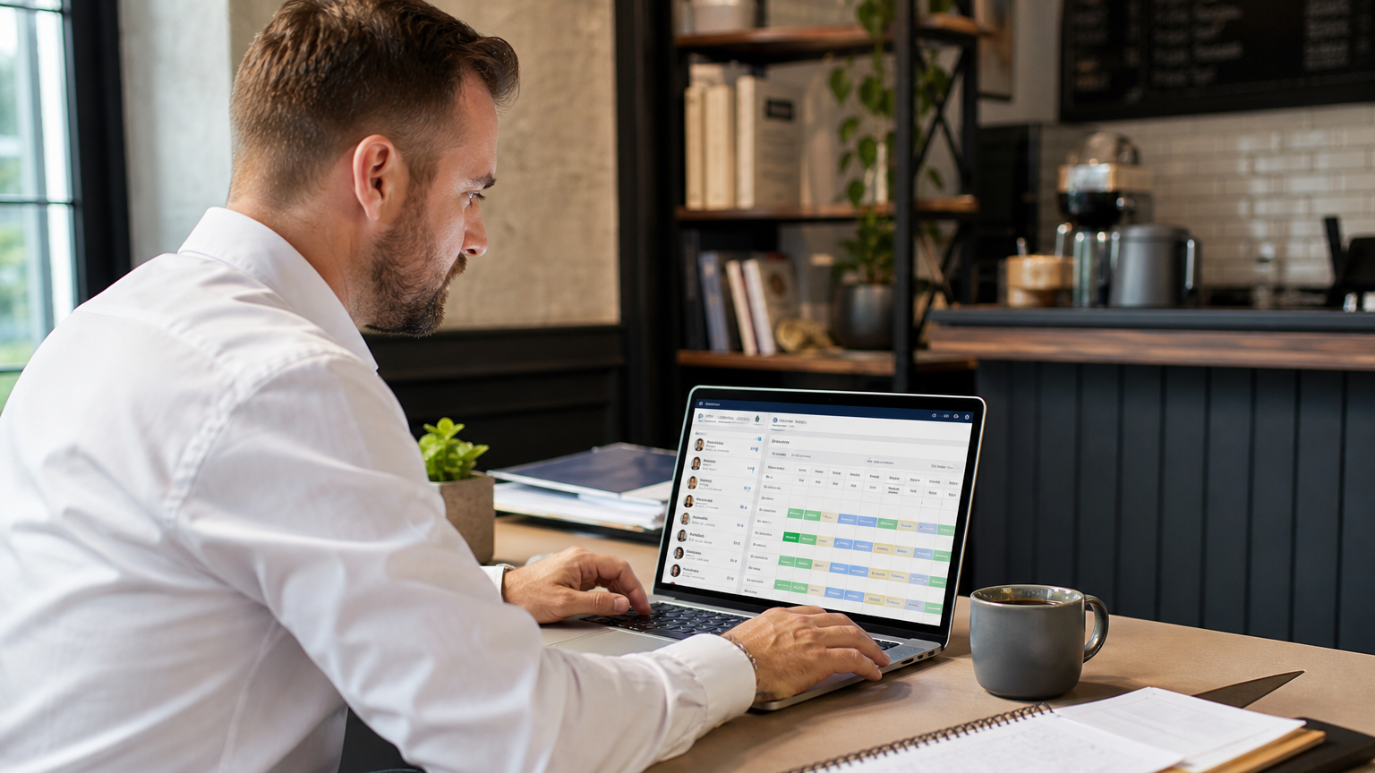 Hospitality manager checking employee records on a laptop