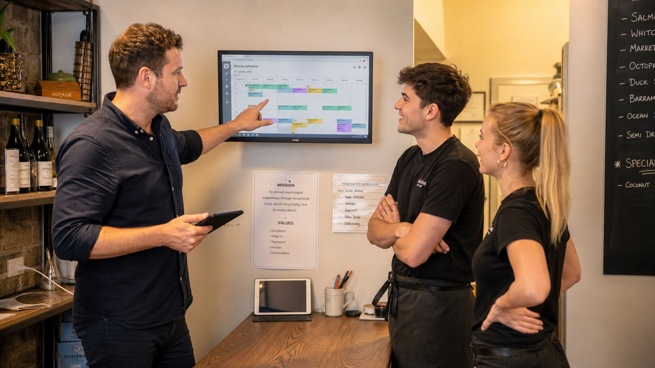 Hospitality manager showing a schedule on a screen to team members in a restaurant back office