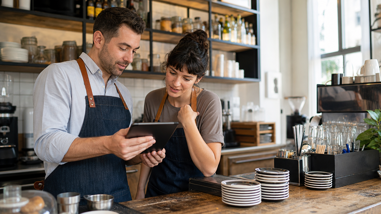 Café manager and barista reviewing a roster on a tablet behind the counter