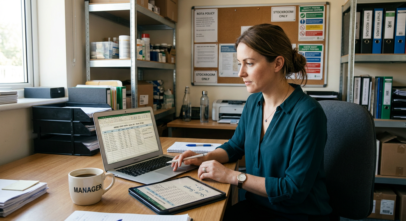 A retail store manager reviewing a weekly staff rota on a laptop and tablet in a back office