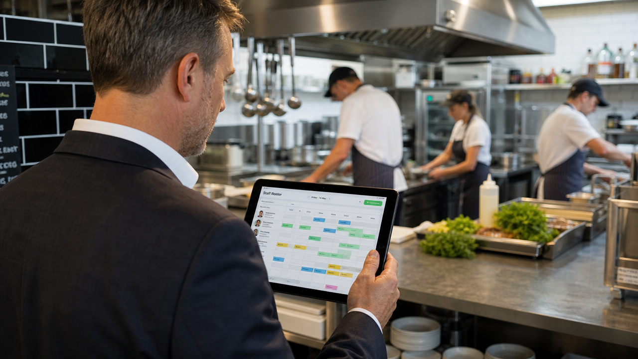 Hospitality manager reviewing a digital staff roster on a tablet in a restaurant kitchen