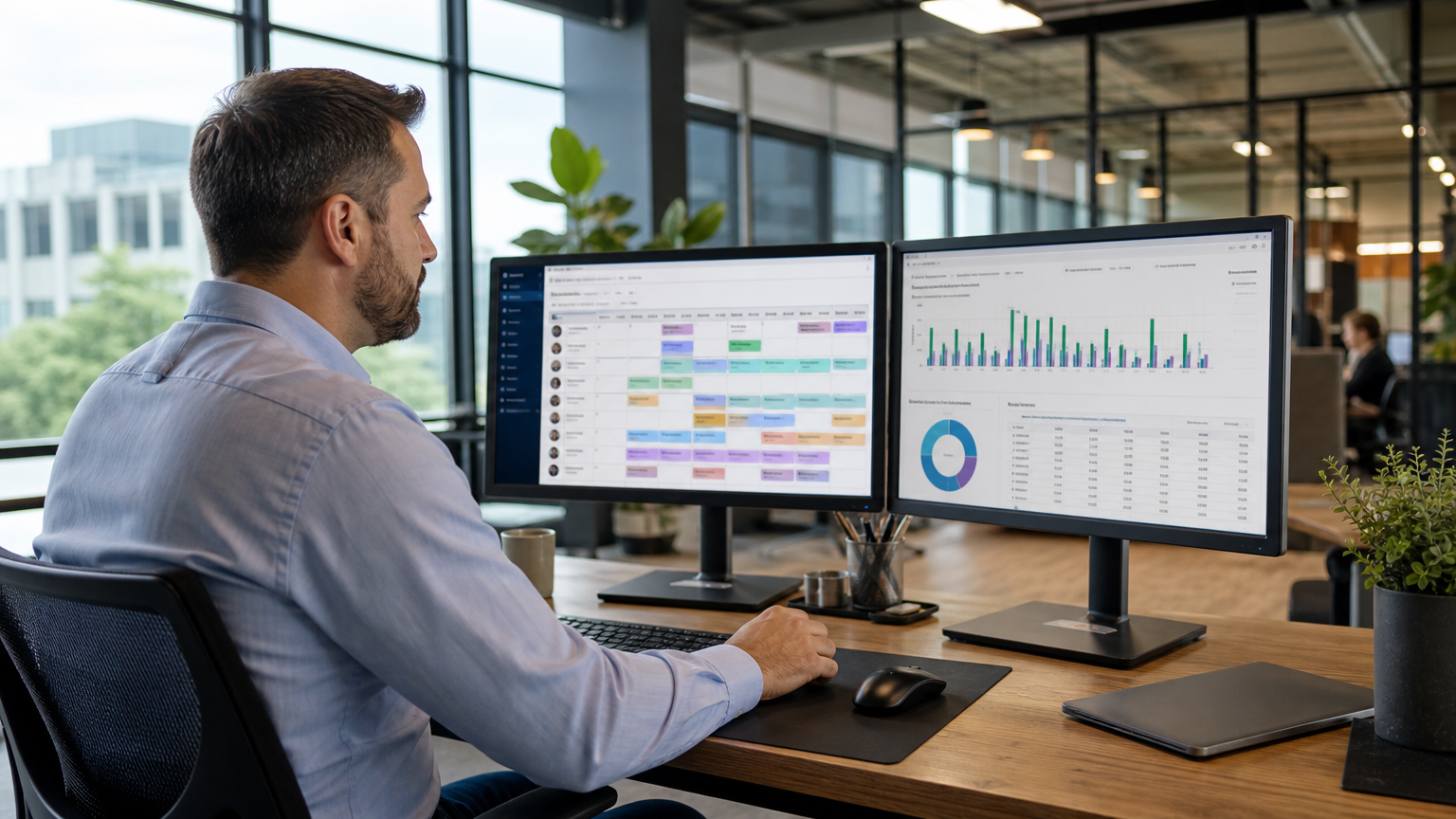 Operations manager reviewing payroll dashboards for multiple restaurant locations
