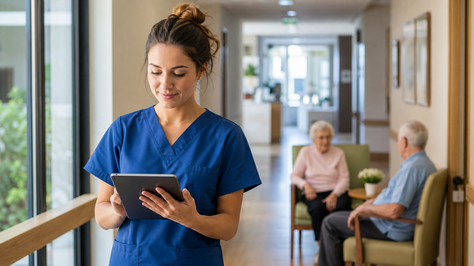 Registered nurse reviewing a digital roster on a tablet in an aged care facility