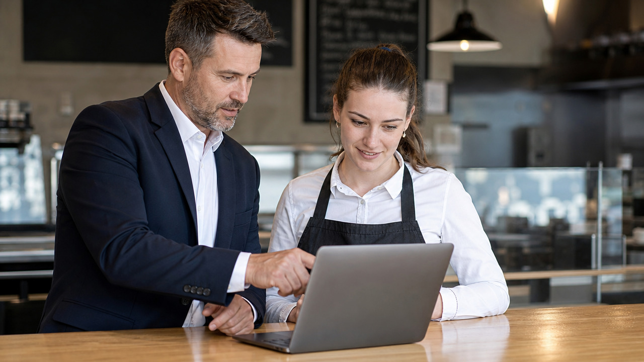 Manager and hourly employee reviewing timesheets and shift breaks together on a laptop at a restaurant counter
