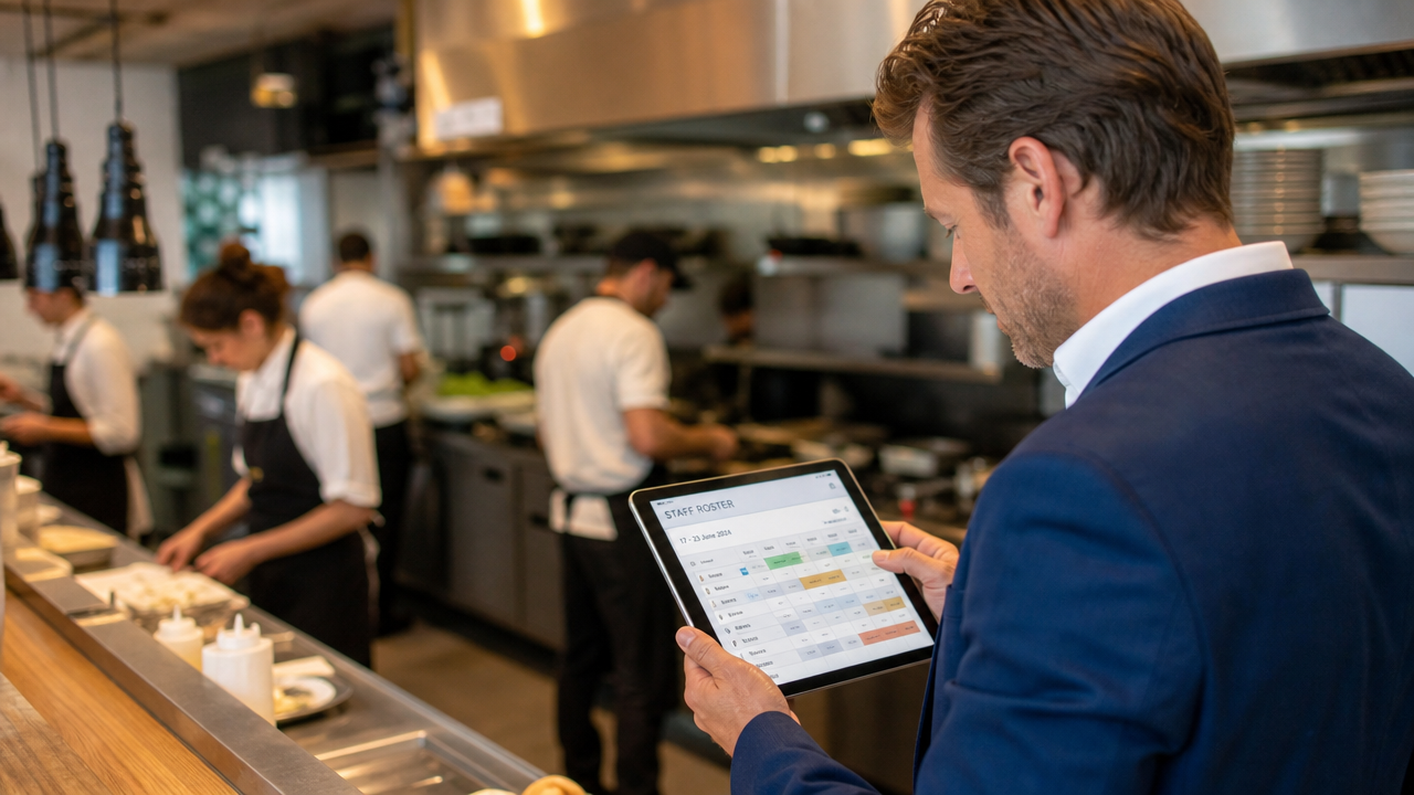 Hospitality manager reviewing a digital staff roster on a tablet in a busy restaurant kitchen