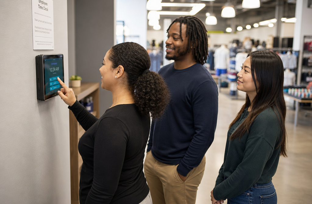 Shift workers using a digital time clock tablet to clock in at a retail store
