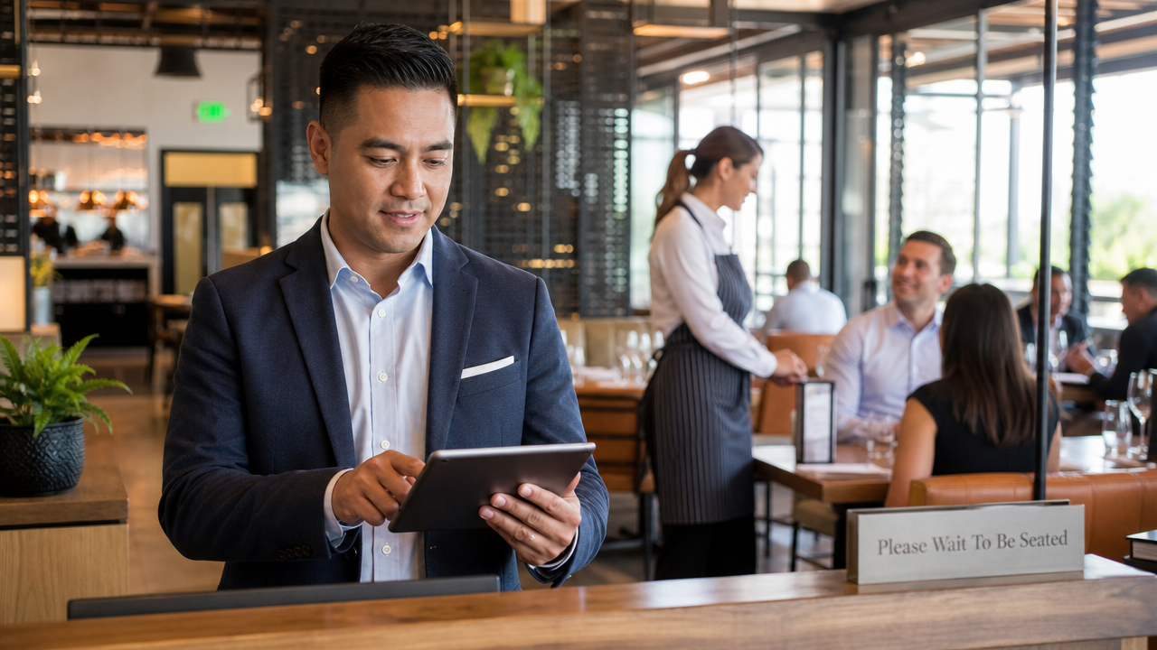 Hospitality manager reviewing job applications on a tablet at a restaurant host stand
