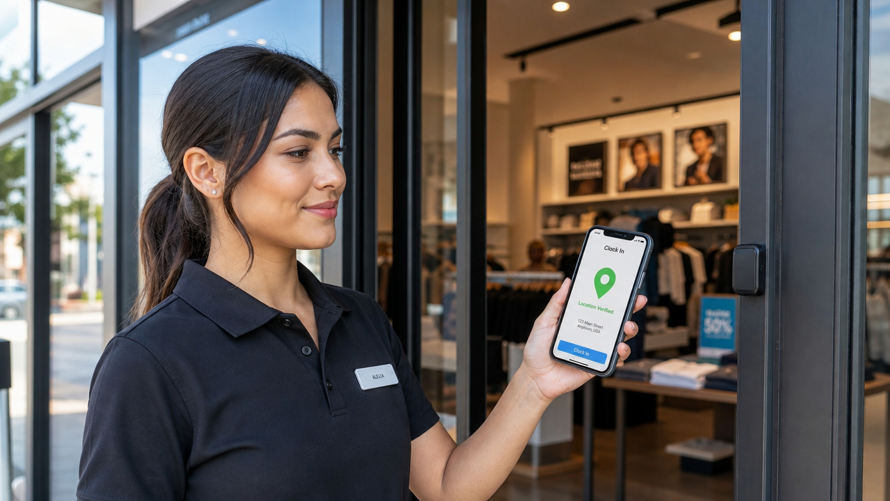 An employee using their smartphone to clock in at a retail store entrance with GPS verification on the screen